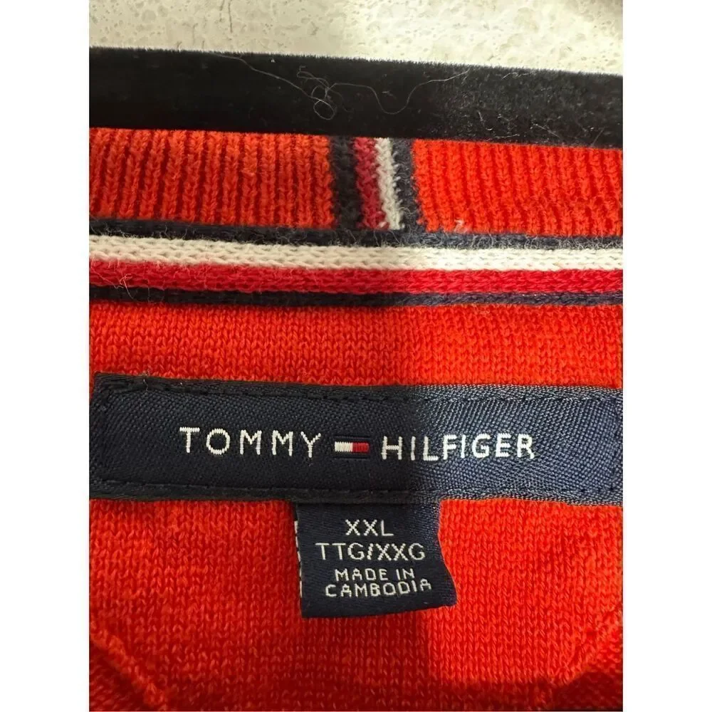 Tommy Hilfiger Sweater Mens XXL Orange Cotton V Neck Knit Long Sleeve Pullover